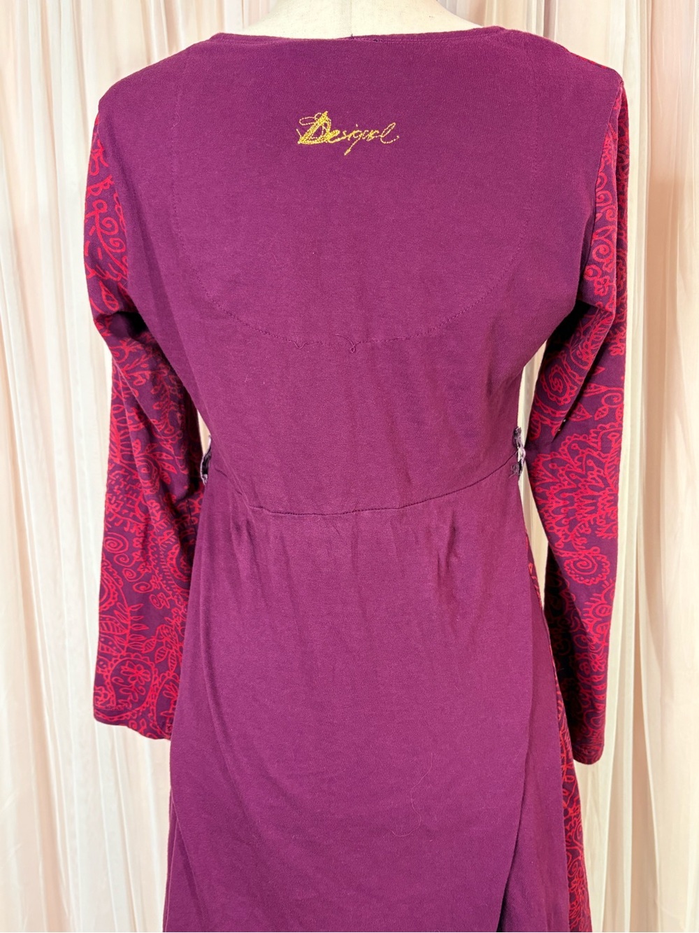 Desigual M Burgundy Patchwork Floral Rhinestone Long Sleeve Dress Y2K Boho - Picture 6 of 12